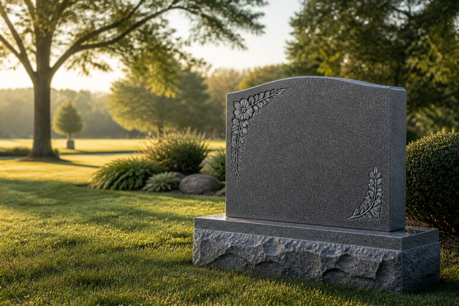A hand-finished granite memorial in a peaceful cemetery at sunrise